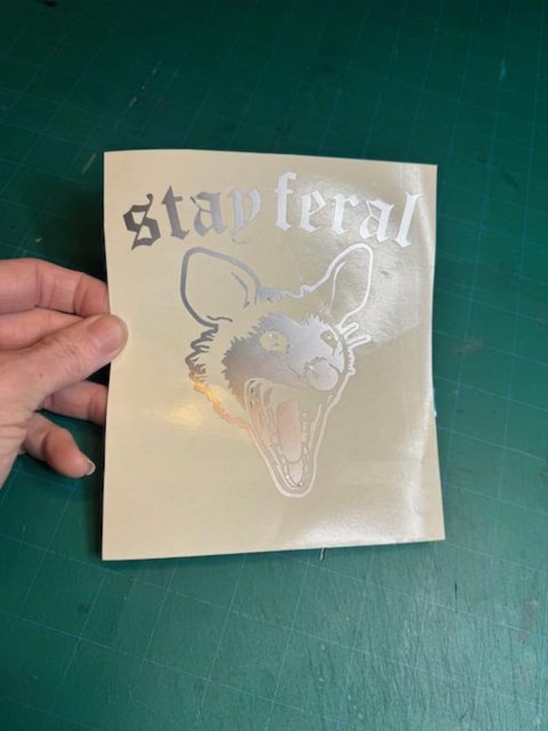 May include: A silver-colored vinyl decal on a light-colored backing sheet featuring a graphic illustration of an opossum with its mouth open in a hiss. Above the opossum, the text "stay feral" is printed in a gothic-style black font.