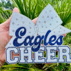 Custom  Cheer Name BIG BOW Glitter Stickers - Cheerleader Team 6"x5.25" - Varsity JV Laptop Water Bottle Cups Tumblers