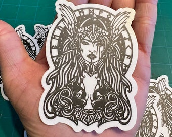 Viking Freja Sticker - Nordic Freya Goddess Cats -Freyja Pagan Norse -Windows Car Laptop Cup Tumbler Journal Notebooks Planner