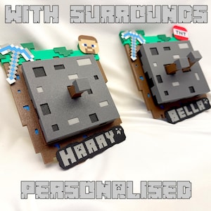 May include: Two Minecraft-themed decorations, each with a grey block and brown handle. They have a green top with a pickaxe and a name tag. The text "WITH SURROUNDS" and "PERSONALISED" are displayed in pixelated font.