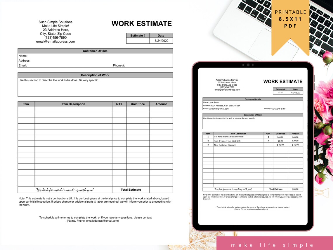 Estimate Fillable Estimate Template Simple Printable - Etsy