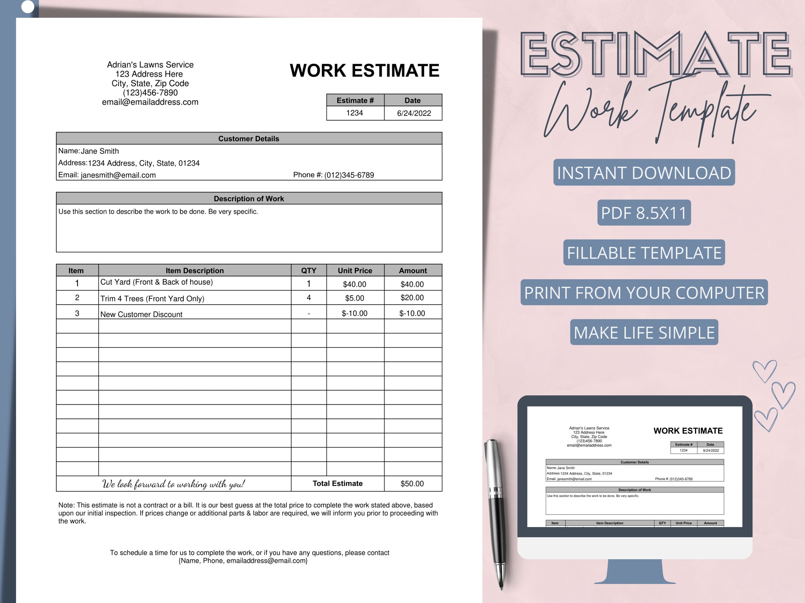 Estimate Fillable Estimate Template Simple Printable Etsy Estimate Fillable Estimate Template Simple Printable Etsy
