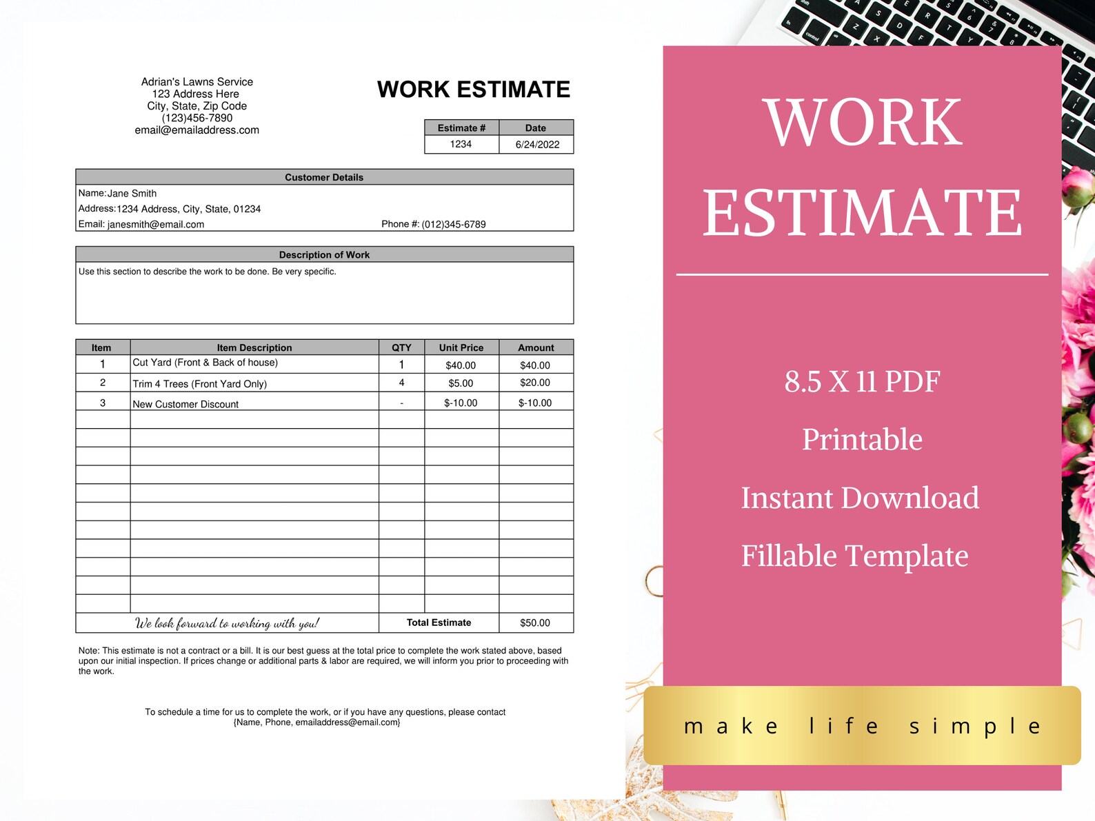 Estimate Fillable Estimate Template Simple Printable Etsy