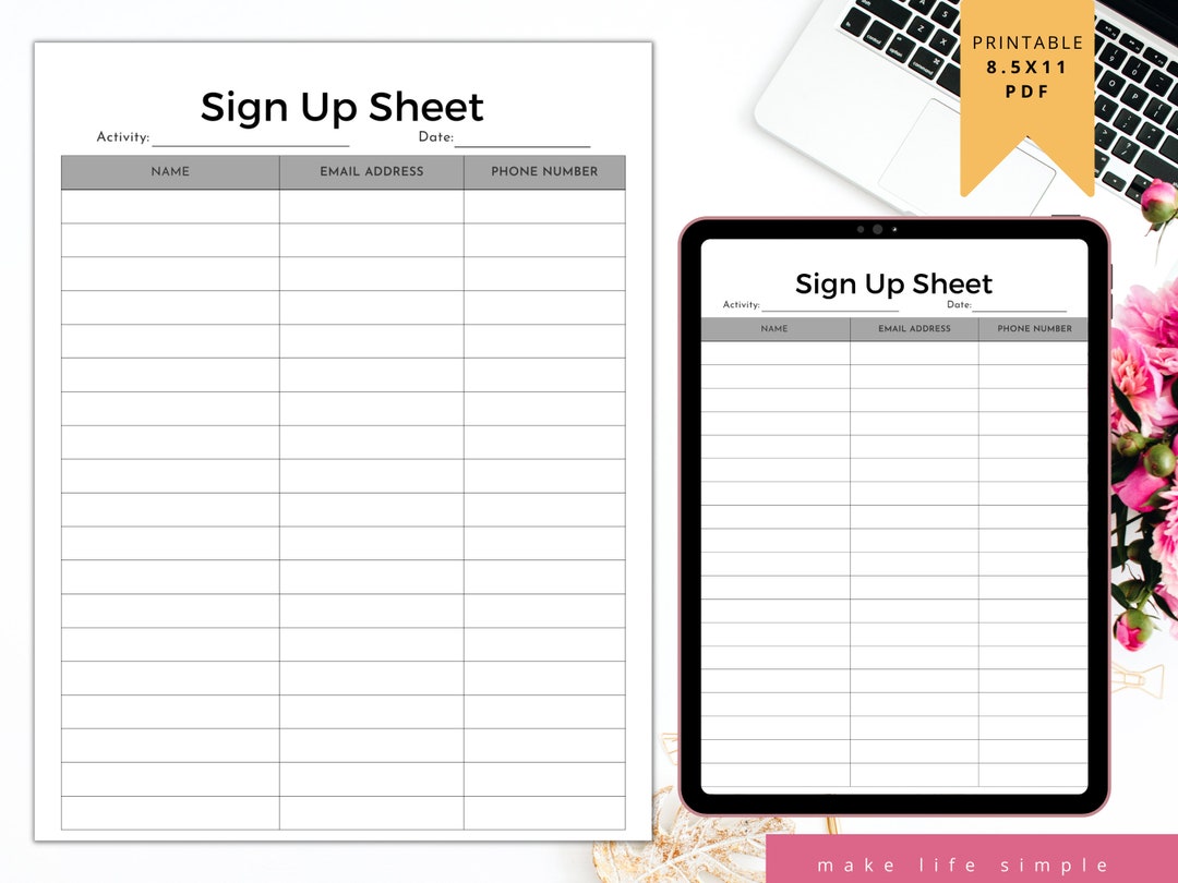 Sign Up Sheet Printable Sign Up Sheet Etsy