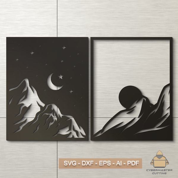 Mountain wall art laser cut file, Mountain moon sun type-7 model pattern instant download SVG DXF Vector files digital