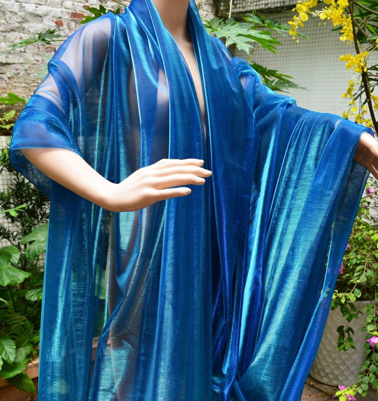 Blue Teal Metallic Iridescent Refective Shiny Stretch Elastic Mesh Net Fabric Valance Curtain Drapping Dancing Dresss Decorative#M22