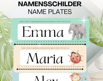 Namensschilder für die Grundschule für Kinder, zum Basteln, Printmade Design zum Ausdrucken, personalisierter Namen mit Tiermotiv, Lehrer