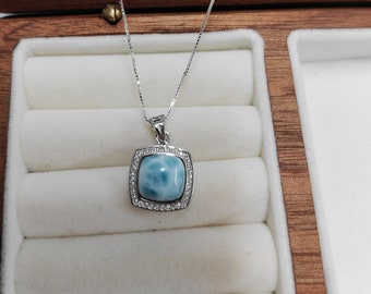 Collier carré authentique Larimar, pendentif en pierre précieuse bleue, pierre naturelle de guérison, zircone cubique, délicat, été, collier réglable en argent de 18 pouces