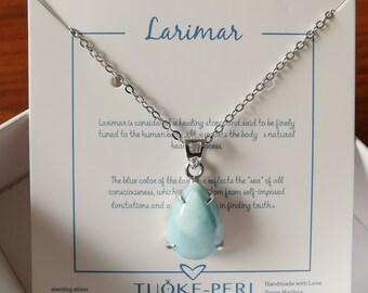 Teardrop Genuine Larimar necklace, Sterling Silver Healing natural Gemstone, Dainty Necklace, Silver 18" adjustable Blue Stone Necklace