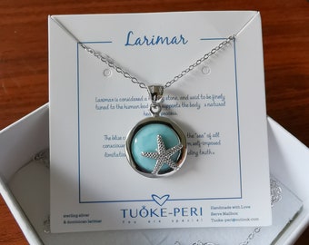 Genuine Larimar necklace, Starfish Pandent, Healing natural Blue Gemstone,  Dainty Necklace, Silver 18" adjustable Gemstone Necklace