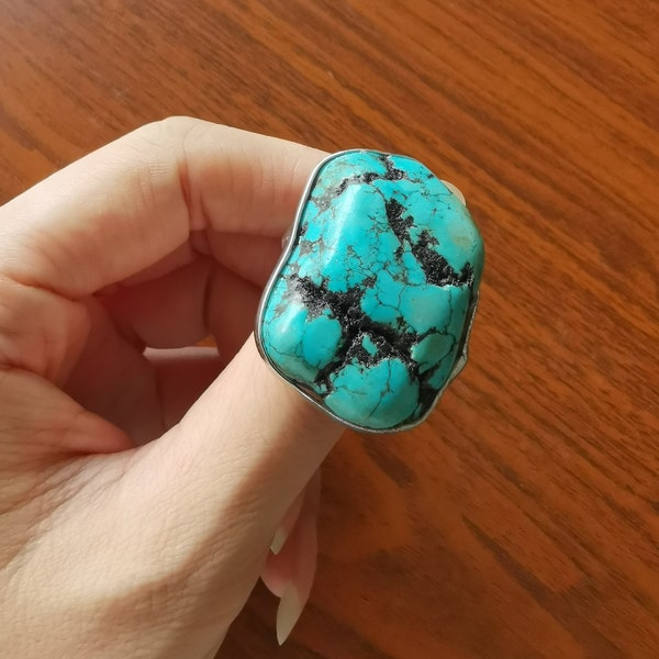 Grande bague Turquoise brute, bague Boho, pierre naturelle, bague empilable, bague ouverte, grosse bague de pierres précieuses, bague de déclaration Boho, grosse bague Turquoise