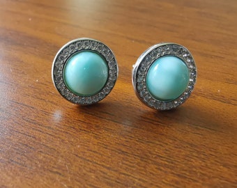 Larimar Stud Earrings, Round CZ, Silver, Natural Stone Gemstone, Shiny Cubic Zirconia Blue Stone, Summer Larimar Earrings, Women jewellery