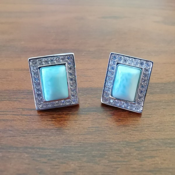 Rectangle Larimar Stud Earrings, Sterling Silver, Natural Genuine Gemstone, Shiny Cubic Zirconia Blue Larimar Earrings for Women and Girl