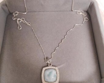 Collier Glitz Véritable Larimar, Pendentif Pierre Précieuse Bleue, Pierre naturelle de guérison, Zirconi Cubique, Délicat, Été, Collier réglable Argent 18"