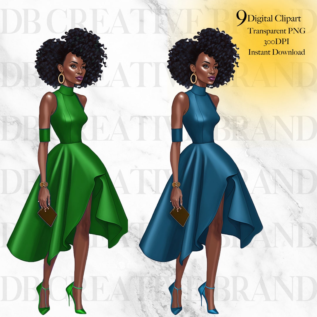 Midi Dress Girl Clipart, Black Girl Clipart, Black Women Clipart ...