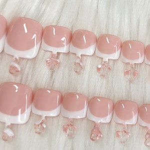 Thick Lined French Presson Toenails | Pink and White Presson Nails For Toes | Glossy Finish | Full Set | Pre-Sizes