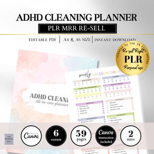 Könnte beinhalten: ADHS-Reinigungsplaner mit Aquarelldesign. Der Planer enthält 6 Cover, 59 Seiten und Canva-Anweisungen. Er ist in den Größen A4 und A5 erhältlich. Der Planer soll bei der Organisation von Reinigungsroutinen helfen.