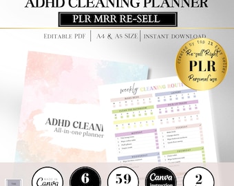 May include: ADHD Cleaning Planner with a watercolour design. The planner includes 6 covers, 59 pages, and Canva instructions. It is available in A4 and A5 sizes. The planner is designed to help organise cleaning routines.
