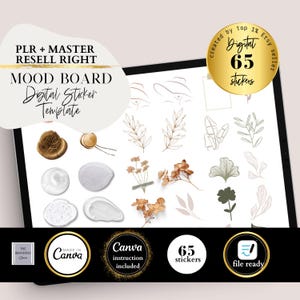 Tablero de estado de ánimo PLR, calcomanía digital, uso comercial, calcomanía PNG editable de Canva, plantilla editable de tablero de visión Boho imprimible de Goodnotes