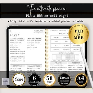 May include: Digital planner with a spiral binding, open to show index and monthly calendar pages. The planner includes yearly, monthly, and weekly pages, plus templates for finance, wellness, and productivity. Features include Canva instructions, 6 notebooks, 58 pages, and A4 size.