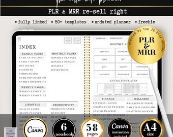 Planificador digital PLR editable 2026 sin fecha, plantilla de planificador digital de Canva para revender, finanzas digitales con hipervínculos MRR, diario de productividad