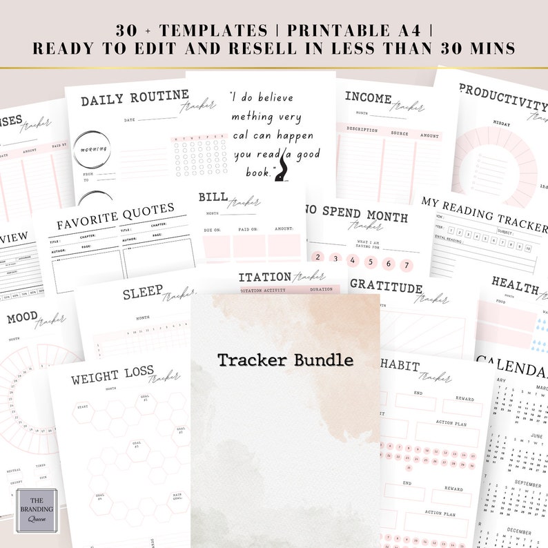 EDITABLE PLR Tracker planner, Resell Canva tracker Template, MRR Commercial Use, resell productivity tracker, tracker finance reading bills, income tracker, daily routine, calendar, health tracker, sleep tracker, mood tracker