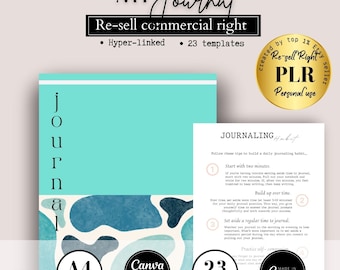 Puede incluir: Una portada de diario azul turquesa con formas abstractas en tonos de azul y blanco. La portada tiene la palabra "journal" escrita verticalmente en texto negro. El texto "My Journal" está escrito en cursiva negra en la parte superior de la página. El texto "Re-sell commercial right" está escrito en texto negro debajo del título. El texto "Hyper-linked • 23 templates" está escrito en texto negro debajo del texto anterior. El texto "A4 sizes" está escrito en texto negro en la parte inferior izquierda de la página. El texto "Canva instruction included" está escrito en texto negro en la parte inferior central de la página. El texto "23 pages" está escrito en texto negro en la parte inferior derecha de la página. Un círculo dorado con el texto "Re-sell Right PLR Personal use" se encuentra en la esquina superior derecha de la imagen. El texto "created by top 1% Etsy seller" está escrito en texto negro alrededor del círculo dorado.