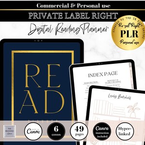 May include: A digital reading planner with a blue and gold cover featuring the word "READ". The planner includes 49 pages and 6 covers. It is made in Canva and includes instructions. The planner is for personal and commercial use.