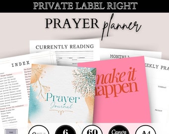 May include: A pink and white prayer planner with the text "make it happen" in red. The planner includes 6 covers, 60 templates, Canva instructions, and is A4 size.