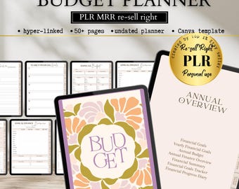 Może przedstawiać: Cyfrowy planer budżetu z kwiatowym wzorem i tekstem "BUDGET PLANNER" i "BUD GET". Planer zawiera strony do rocznych celów finansowych, rocznego budżetu, rocznego przeglądu finansów, podsumowania finansowego, śledzenia celów finansowych i dziennika postępów finansowych.