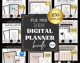 Zestaw planera cyfrowego PLR MRR na rok 2026, szablon edytowalnego planera z hiperłączami Canva Finance, budżet, planer domowy i bez daty Noteful
