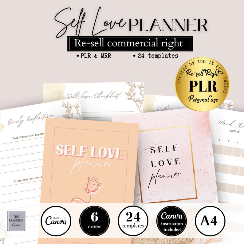 EDITABLE PLR MRR Self Love Planner, Resell Canva Template, mrr Commercial Use, self love planner printable, reflection Canva planner