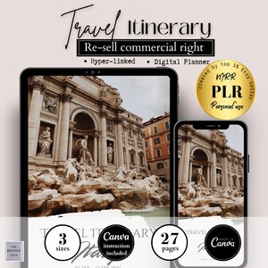 Könnte beinhalten: Eine digitale Planervorlage für Reiserouten. Die Vorlage zeigt ein Foto des Trevi-Brunnens in Rom, Italien. Der Text auf der Vorlage lautet "Travel Itinerary", "3 sizes", "Canva instruction included", "27 pages", und "Made in Canva".