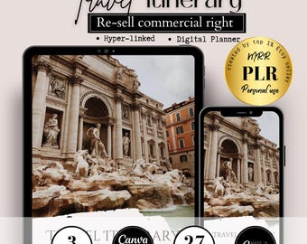 Plantilla de itinerario de viaje editable para reventa comercial Canva PLR MRR Guía de viaje imprimible para agente de viajes Itinerario móvil Plan de vacaciones