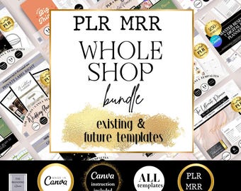 May include: A collage of images showcasing a bundle of digital planner templates. The text "PLR MRR WHOLE SHOP bundle existing & future templates" is displayed in a gold and black font. The images show various planner templates with different themes, including wedding planning, cleaning, and master resell rights.