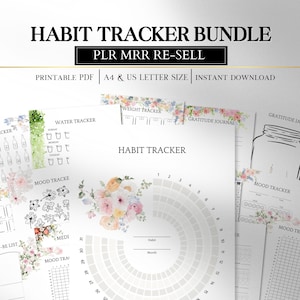 Op de afbeelding: Een verzameling afdrukbare habit trackers, waaronder een watertracker, een stemmingsvolger en een dankbaarheidsdagboek. De hoofdpagina bevat een cirkelvormige habit tracker met een bloemenontwerp. De tekst "HABIT TRACKER BUNDLE" staat bovenaan.