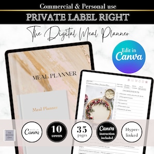 May include: A digital meal planner template with a pink and gold marble background. The template includes 10 covers, 35 pages, and Canva instructions. The template is hyperlinked and can be edited in Canva. The image shows a recipe for Cranberry Rhubarb Cheesecake.