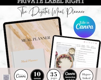 May include: A digital meal planner template with a pink and gold marble background. The template includes 10 covers, 35 pages, and Canva instructions. The template is hyperlinked and can be edited in Canva. The image shows a recipe for Cranberry Rhubarb Cheesecake.