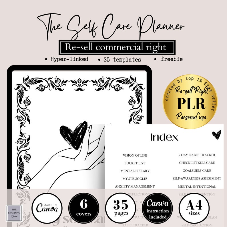 PLR digital planner, self care digital planner, printable planner,Resell Right Printable, Canva Templates Commercial Use, mental health planner, hyerlinked  planner, sleep tracker, gratitude, manage anxiety tracker,  editable canva template