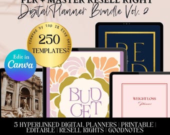 2025 PLR MRR Digital Planner BUNDLE, modello modificabile per pianificatore con collegamento ipertestuale Canva, piano di budget, itinerario di viaggio per pianificatore senza data per la perdita di peso