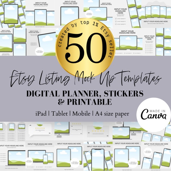 50 Mockup Templates Editable Canva Digital Planner Mockup Templates Digital Stickers Printables Canva Etsy Listing Templates for iPad Tablet