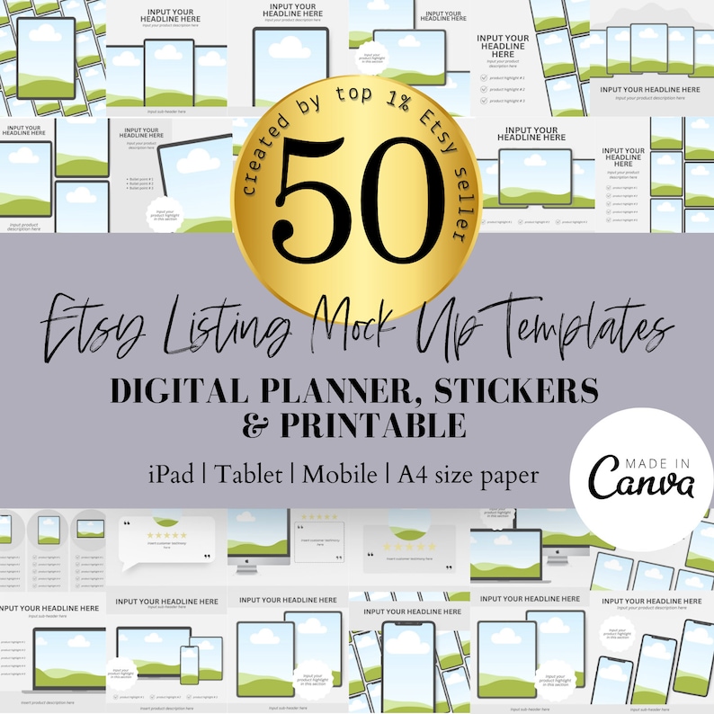 50 Mockup Templates Editable Canva Digital Planner Mockup Templates Digital Stickers Printables Canva Etsy Listing Templates for iPad Tablet