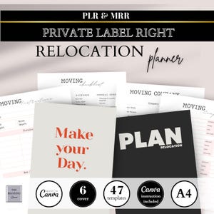 May include: A black and white image of a relocation planner with the text "PLAN RELOCATION" in white. The planner includes 6 covers, 47 templates, and Canva instructions. The text "Make your Day." is in red and white on a light gray background.