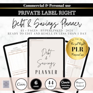 May include: A digital planner for debt and savings with 44 pages, including a cover page. The planner is designed in a light pink and brown colour scheme with a gold border. The text "Debt & Savings Planner" is written in black cursive script. The planner is ready to edit and resell. The text "Created by top 1% Etsy seller" is written in a gold circle with a black border. The text "Re-sell Right PLR Personal use" is written in the circle.