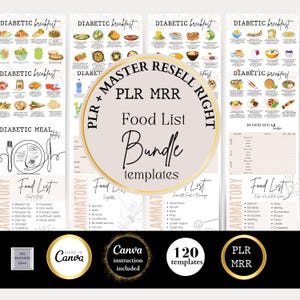 May include: A pink and white graphic with the text "MASTER RESELL RIGHT" in a circle. The graphic also includes the text "PLR MRR Food List Bundle templates" and the number "120". The graphic is surrounded by four images of printable food lists for diabetic meals and breakfasts.