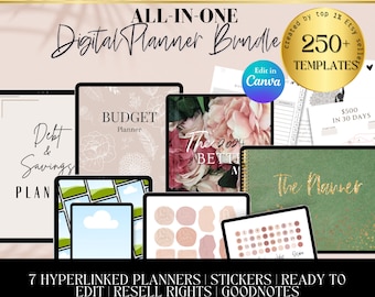 PLR Digital Planner Mega BUNDLE Collegamento ipertestuale modificabile Modello di pianificazione finanziaria Canva MRR Adesivo per pianificatore di auto-cura Etsy mock up Rivendi a destra