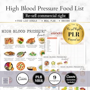 Pode incluir: Um download digital imprimível para uma lista de alimentos para pressão alta. A imagem mostra um gráfico colorido com 9 modelos de refeições diferentes, incluindo jantar, café da manhã e lanches. O texto "Re-sell commercial right" e "PLR" é visível na imagem.