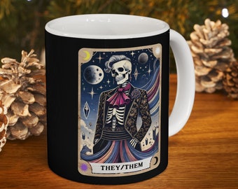 Nonbinary Skeleton Tarot Card Mug, They/Them Mystical Design, ENBY Skeleton Tarot Mug