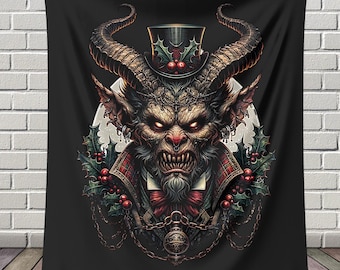 Krampus Sherpa Blanket, Gothic Christmas Demon Crest Throw, Dark Folklore Decor