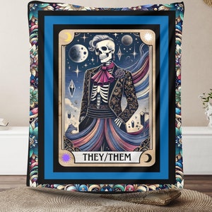 Niet-binair skelet tarotkaartdeken, zij/zij mystiek ontwerp, ENBY skelet tarotfluwelen deken, niet-binair, niet-binair